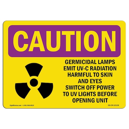 Signmission OSHA RADIATION Sign, Germicidal Lamps Emit UV-C Radiation, 7in X 5in Decal, 5" H, 7" W, Landscape OS-CR-D-57-L-10138